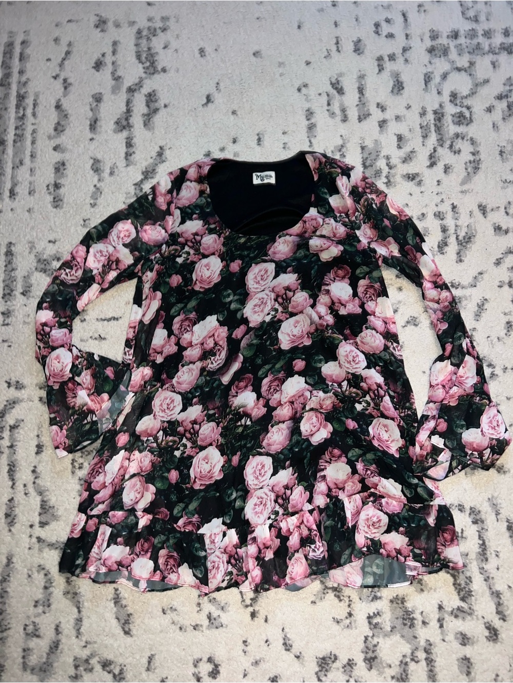 Floral Rose Print Long-Sleeve Dress Pink & Black